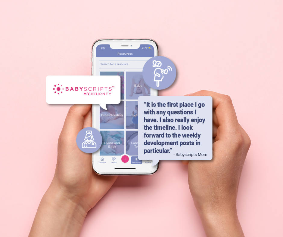 A woman on a phone with the BabyScripts app